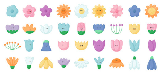 Kawaii buds summer and spring flowers set. Cute character flowers with funny faces. Cartoon vector illustration
