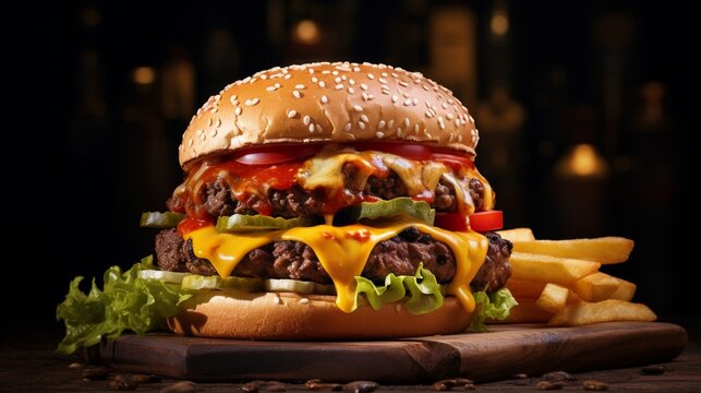 Imagine a feast for the senses featuring a loaded cheeseburger with a tantalizing beef patty, molten cheese, crisp lettuce, ripe tomato, flavorful sauce, encased in a sesame bun