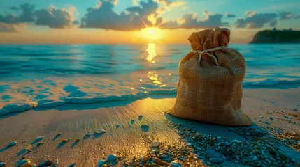 Poster Sack of seashells on the seashore at sunset, beach bag and seashells on the seashore © Aliaksandra