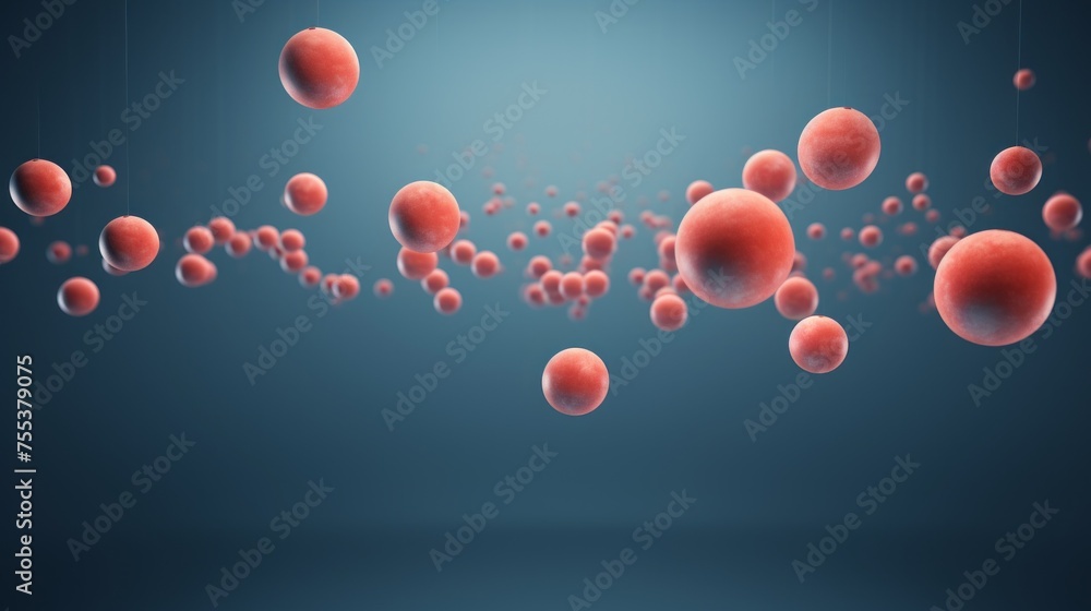 Aufkleber a variety of small and large red balls, spheres in motion on a dark blue background with a copy spac