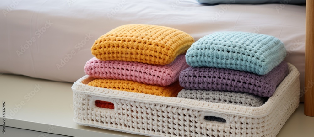 Poster a stack of neatly folded towels sits atop a white basket, creating a practical and organized storage