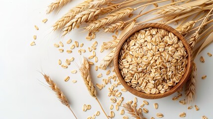 Oat flakes in a bowl with rolled oats in top view against a white backdrop and blank space for text or product, Generative AI.