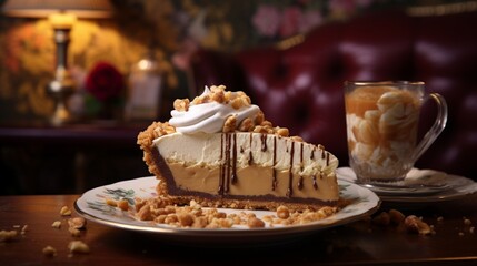 Immerse yourself in a delicious composition highlighting a decadent slice of peanut butter pie adorned with a luxurious whipped cream topping and a satisfying crunch from crushed peanuts.