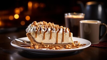 Immerse yourself in a visual feast capturing the essence of a delectable peanut butter pie slice, crowned with a luxurious whipped cream topping and a generous sprinkle of crushed peanuts. - obrazy, fototapety, plakaty