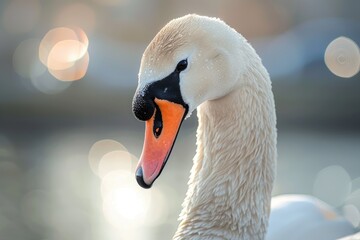 Portrait of a white swan, just the head. - obrazy, fototapety, plakaty