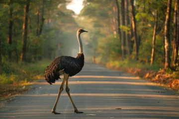 Tuinposter Ostrich standing on the road near forest at early morning or evening time. Road hazards, wildlife and transport. - © kardaska