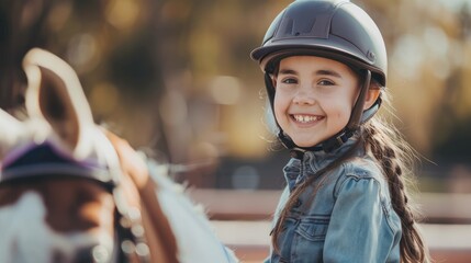 Happy young girl at horse riding lesson looking at camera while wearing equestrian helmet