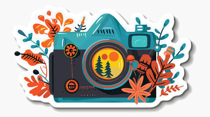 Bright cheerful sticker with a camera for camping 