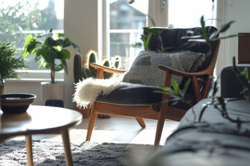 Elegant and cozy living room interior with modern home decor and natural textures