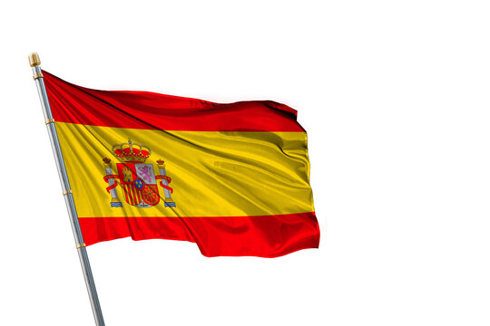 Flag of Spain Waving on isolated white background with flag pole