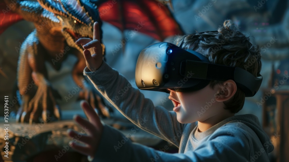 Poster a child plays a virtual reality video game. he interacts with hyper-realistic heroic fantasy hologra