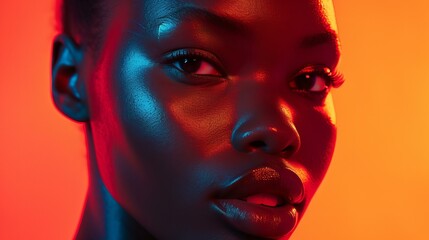 A close-up portrait of a beautiful black woman, featuring minimalism and vibrant colours on a plain background, AI Generative