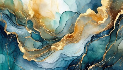 blue and white background, Marble ink abstract art background. Luxury abstract fluid art painting in alcohol ink technique, mixture of blue, orange and gold paints - obrazy, fototapety, plakaty