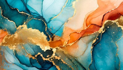 Marble ink abstract art background. Luxury abstract fluid art painting in alcohol ink technique, mixture of blue, orange and gold paints