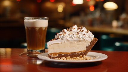 Immerse yourself in the gastronomic delight of a slice of peanut butter pie, adorned with a luscious whipped cream topping and a scattering of crushed peanuts, expertly served on a plate