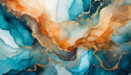 blue and white painted background, Marble ink abstract art background. Luxury abstract fluid art painting in alcohol ink technique, mixture of blue, orange and gold paints - obrazy, fototapety, plakaty