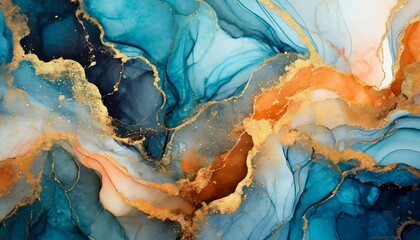 Wallpaper Marble ink abstract art background. Luxury abstract fluid art painting in alcohol ink technique, mixture of blue, orange and gold paints - obrazy, fototapety, plakaty
