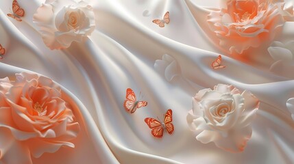 Digital roses and butterflies are shown on white silk abstract graphics poster web page PPT background with generative