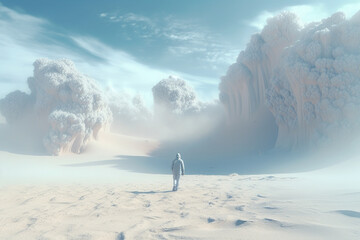 States of mind, landscape, fantasy concept. Surreal illustration of man silhouette walking in fantasy desert with storm during daytime