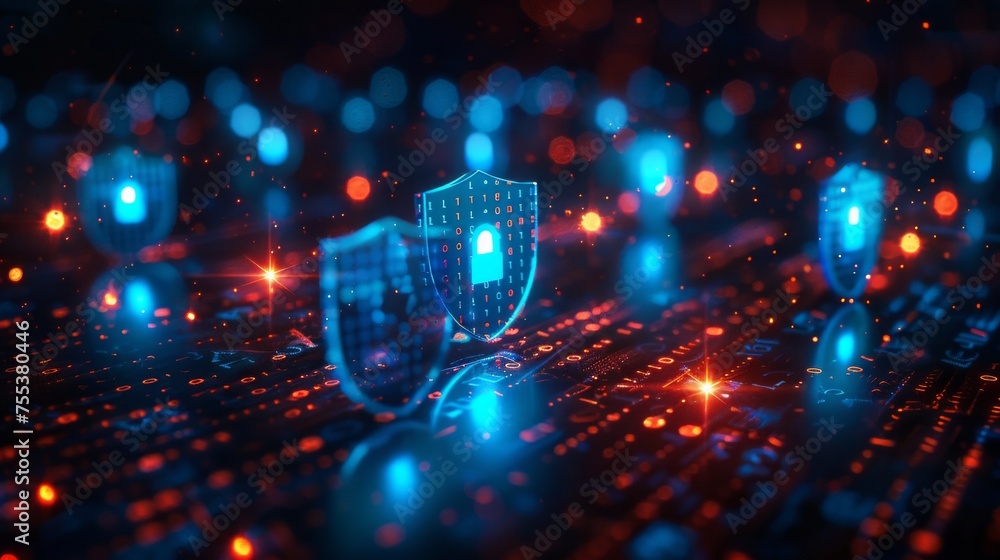 Poster encryption symbols and digital locks secure data, blue cyber shield against dark web backdrop, essen