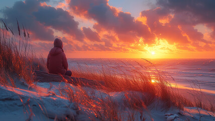 Obraz premium Person sitting on beach dunes watching a vibrant sunset over the ocean