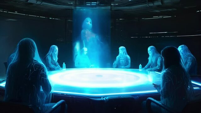 A group of humanoid aliens gather around a holographic table discussing their next move in their quest for intergalactic . Each member of the council is represented by a hologram
