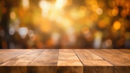 Wood table top on blurred nature background with bokeh light