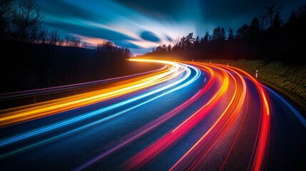 Obraz premium Long exposure light trials, the urban environment alive with motion, abstract paths of energy and speed, a night spectacle, AI Generative