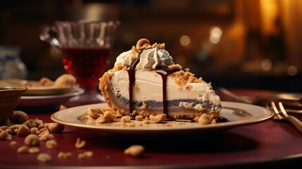 Immerse yourself in the sumptuous details of a peanut butter pie slice, elevated by a generous dollop of whipped cream and a smattering of crushed peanuts, served on a plate