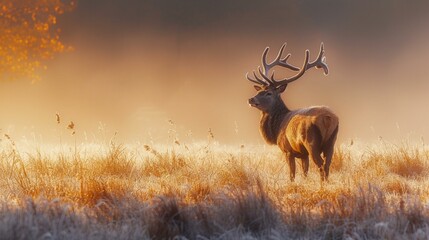 Majestic deer walking out of the mist, a serene presence in the wilderness, its form gradually appearing from the fog, a symbol of the untamed world, AI Generative - obrazy, fototapety, plakaty