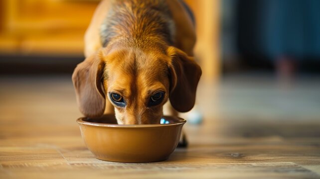 A photo of a Beagle Mix Dachshund eating from a bowl, PetsDogs, AI Generative