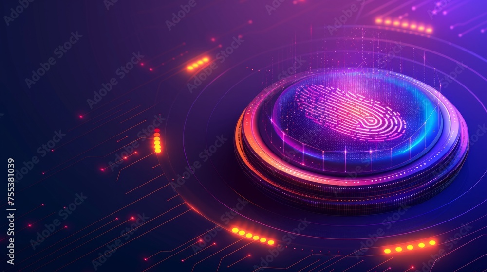 Poster security system concept with a clear fingerprint set against a vibrant cyber technology neon backdro