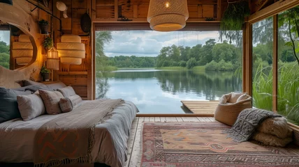Deurstickers An image of the interior of a glamping house designed for comfort and luxury, featuring a large window that frames a stunning view of a tranquil l, AI Generative © Alisa