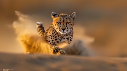 sleek cheetah, graceful stride across sand dunes, early morning, vast desert, dynamic, minimalist, golden sunlight, AI Generative