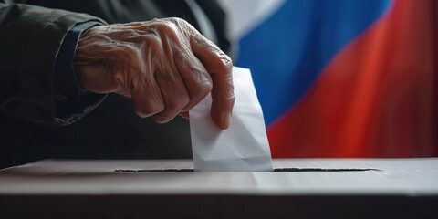 Hands of senior man putting their vote in the ballot box with Russian flag on background. President governmental election giving your voice voting concept