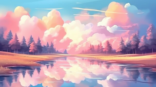 Colorful multicolored watercolor landscape. River, trees and clouds. illustration