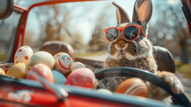Sunglasses-wearing Easter Bunny cruising in a car loaded with eggs, joyful Easter journey, AI Generative
