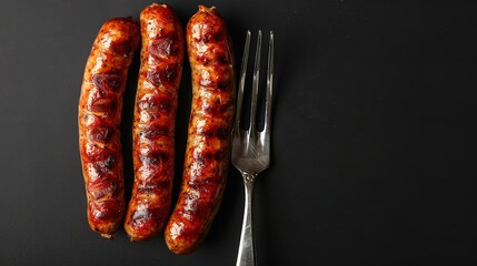 Polish sausages smoked dry and conveyed over a metal fork over a dark setting and space, Generative AI. - obrazy, fototapety, plakaty