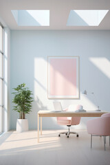 An airy, minimalist office design featuring a clean white frame against a backdrop of soft pastel hues, evoking simplicity and sophistication.