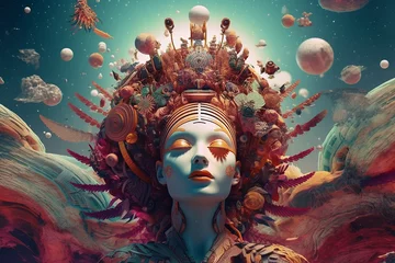 Tuinposter Abstract fine-art and pop-art illustration colorful collage of woman in surreal and abstract cosmic background. Surreal and minimalist looking illustrative art with many details and patterns © Rytis