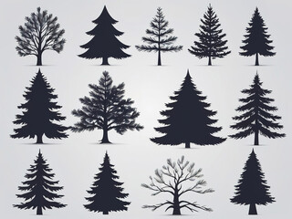 Set of silhouettes of coniferous trees. Vector illustration. - obrazy, fototapety, plakaty