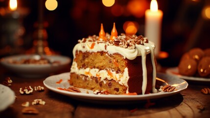 Fototapeta na wymiar Immerse yourself in the tempting sight of a slice of carrot cake, crowned with decadent cream cheese frosting and nuts, set on a festive table with a cup and a flickering candle.