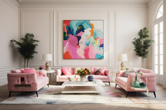 An airy living space featuring a sleek, empty white frame on a wall painted in a soft, pastel pink hue, complemented by contemporary furniture and vivid pops of multicolored decor.