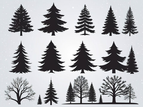 Set of silhouettes of fir trees in winter. Vector illustration.