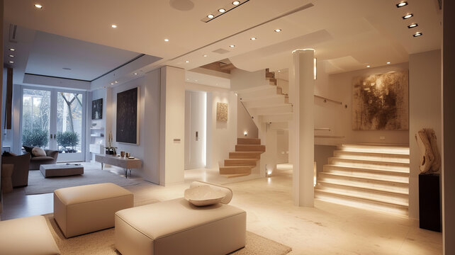 Elegant modern townhouse interior with a luxurious white staircase, exuding sophistication, AI Generative.