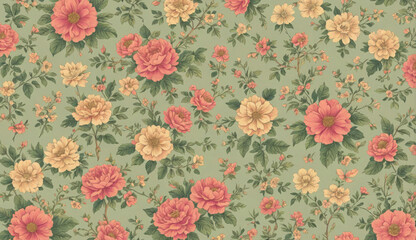 A floral wallpaper with pink and yellow flowers