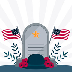 Obraz premium Memorial Day Tribute. Hero's Tomb with USA Flag, Flowers, and Helmet.Vector Illustration with copy space area