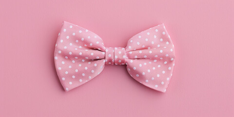 Special celebration women girl female who wear men clothes concept. Top view of pink polka dot bow tie with satin ribbon isolated on pink background