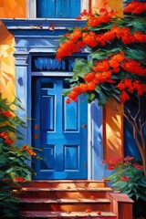 traditional home entrance door , watercolor painting