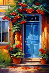 Fototapeta na wymiar traditional home entrance door , watercolor painting
